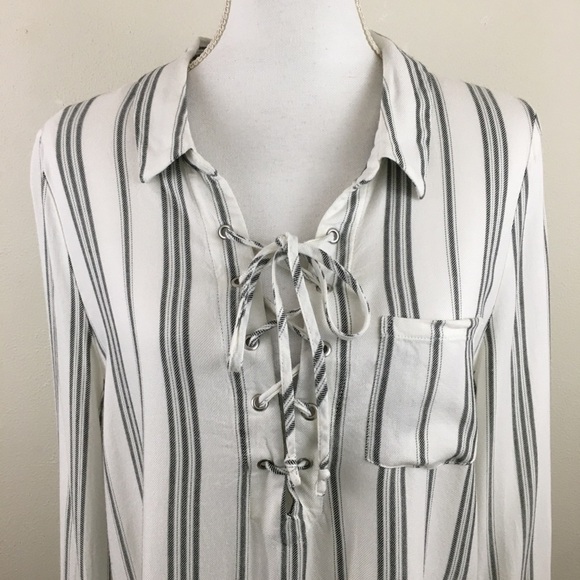 Elan Stripe Tunic Top With LaceUp Neckline - Picture 2 of 8